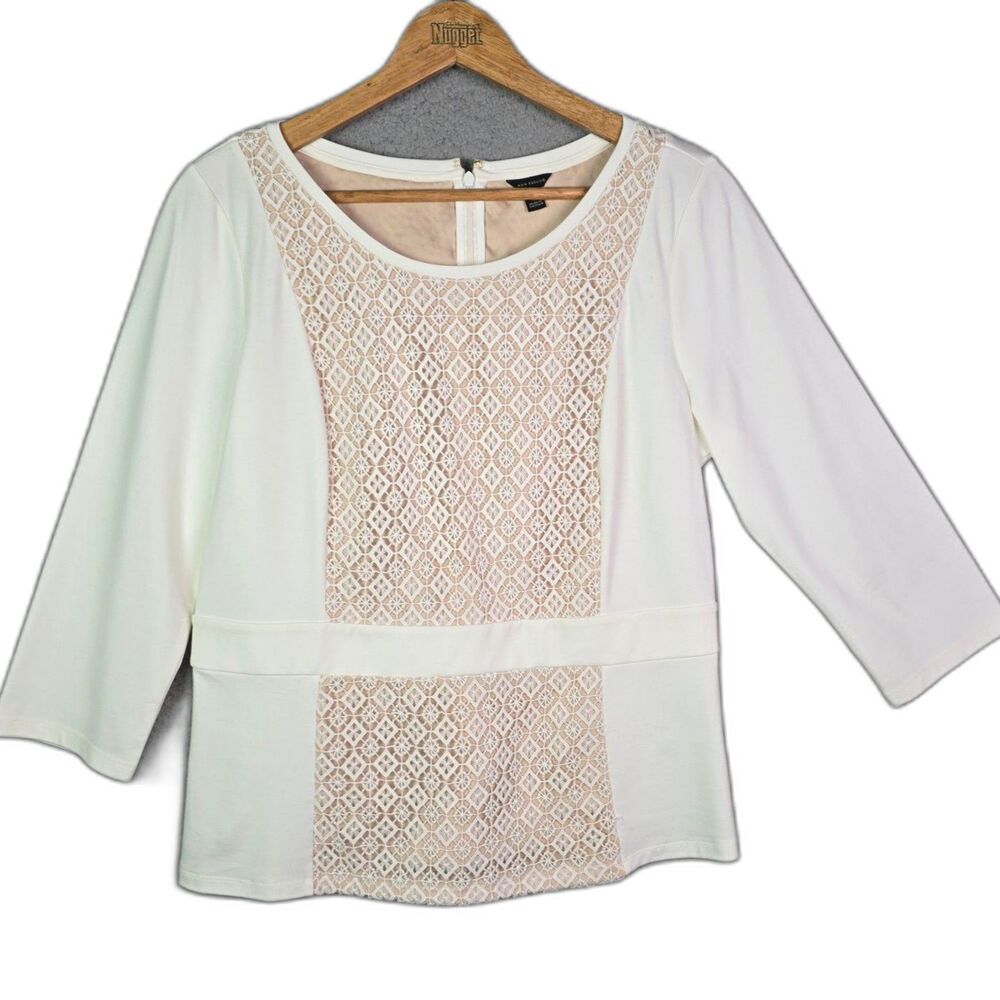 Ann Taylor Blouse Cream Lace Front Panel L Peplum 3 4 Sleeve Feminine